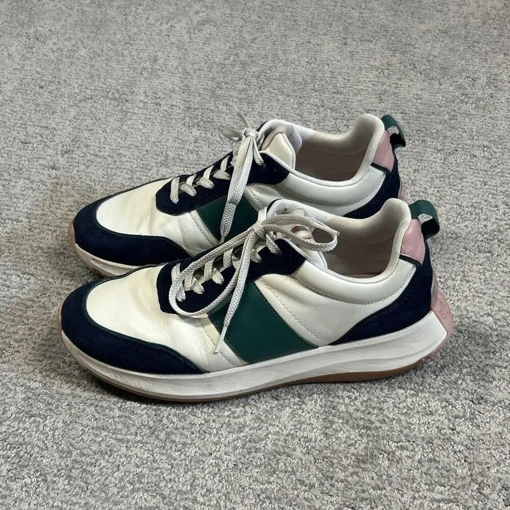 FitFlop F-Mode Shoes Womens 11 White Navy Green Leather Suede Sneakers